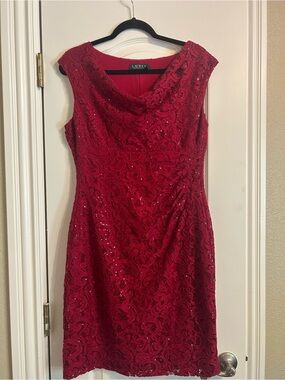 Ralph Lauren Red Lace Midi Dress with Sequin Detail